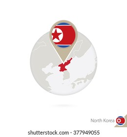North Korea map and flag in circle. Map of North Korea, North Korea flag pin. Map of North Korea in the style of the globe. Vector Illustration.