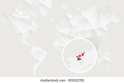 North Korea map with flag in contour on white polygonal World Map. Vector Illustration.