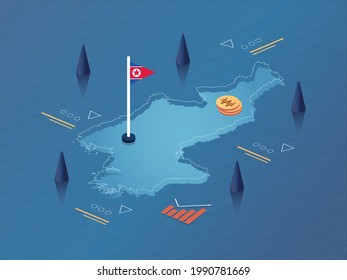 North Korea Map, Flag and Currency Modern Isometric Business and Economy Vector Illustration Design