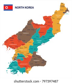 North Korea map and flag - High Detailed Vector Illustration