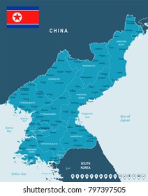 North Korea map and flag - High Detailed Vector Illustration