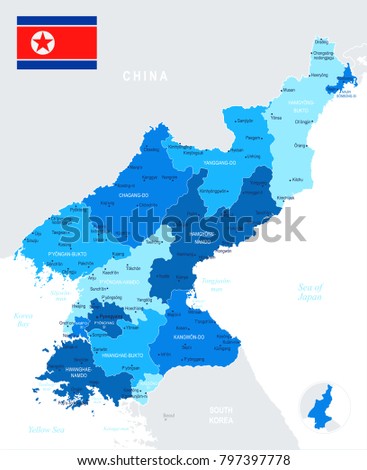 North Korea map and flag - High Detailed Vector Illustration