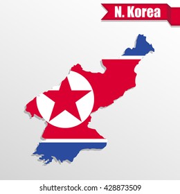 North Korea map with flag inside and ribbon