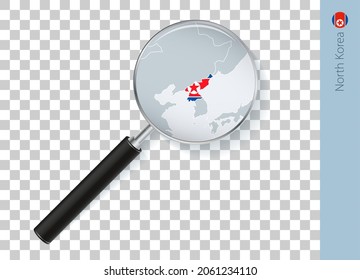North Korea map with flag in magnifying glass on transparent background. Vector loupe with map.