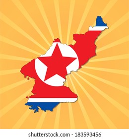 North Korea map flag on sunburst vector illustration