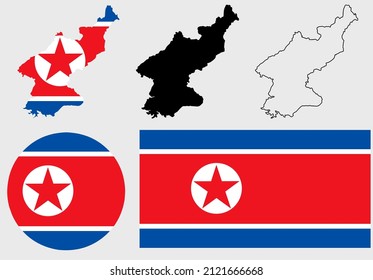 north korea map flag set.republic democratic of korea map flag icon