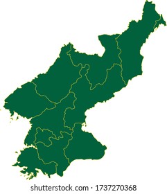North Korea map in green color and yellow border on white background. Vector illustration.