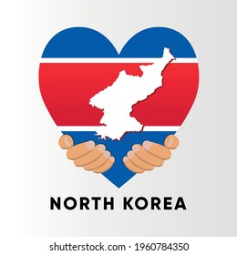 Mapa de Corea del Norte en forma de corazón con diseño de ilustraciones vectoriales en manos