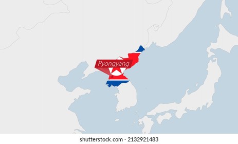 Nordkorea Karte hervorgehoben in Nordkorea Flaggen-Farben und Pin der Landeshauptstadt Pjöngjang, Karte mit benachbarten asiatischen Ländern.