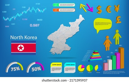 North Korea map info graphics - charts, symbols, elements and icons collection. Detailed North Korea map with High quality business infographic elements.