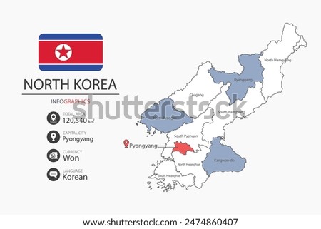 North Korea map infographic elements with flag of city. Separate of heading is total areas, Currency, Language and the capital city in this country.