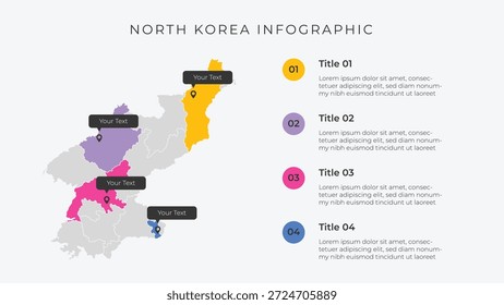 Nordkorea Karte Infografik Vorlage mit 4 Optionen. Nordkorea Verwaltungskarte Infografik für die Präsentation.