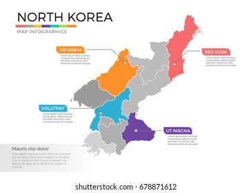 North Korea map infographics vector template with regions and pointer marks