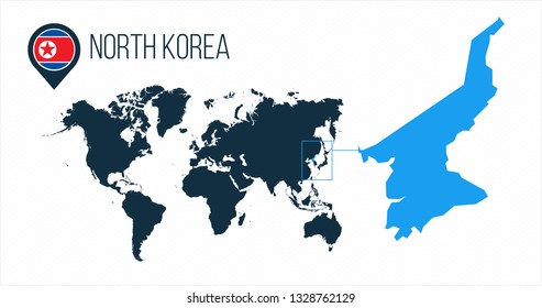 North Korea map located on a world map with flag and map pointer or pin. Infographic map. Vector illustration isolated on white background.