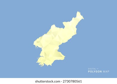 Mapa de Corea del Norte en estilo de Vector de polígono bajo, ilustración de forma geométrica con tonos amarillos suaves sobre fondo azul, silueta limpia para infografía.
