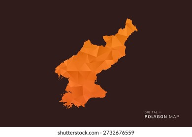 Mapa de Corea del Norte - Vector de polígono bajo, silueta triangulada geométrica en tonos naranja y marrón oscuro, estilo infográfico moderno limpio, fondo aislado.