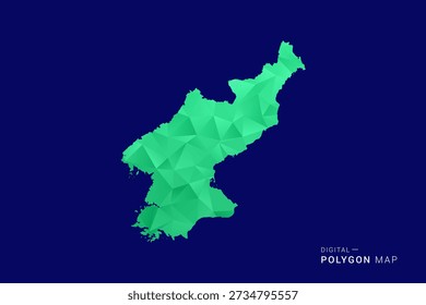 Mapa de Corea del Norte - Vector de polígono bajo, silueta triangulada geométrica en tonos verdes y azules, estilo moderno limpio, fondo aislado para uso infográfico.
