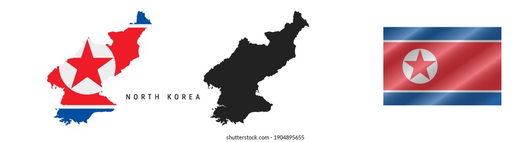 Corea del Norte. Mapa con bandera enmascarada. Silhouette detallada. Bandera ondeando. Ilustración vectorial aislada en blanco.
