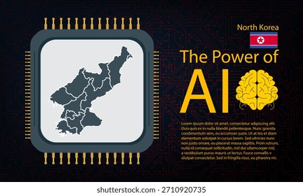North Korea map with microchip war and AI concept on circuit board, Power of AI with country map. Global connectivity with big data. Design for UI backgrounds or FinTech projects.