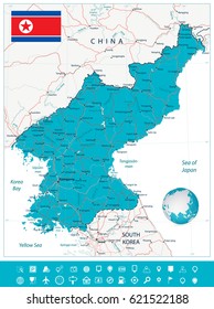 North Korea Map and navigation icons. Vector illustration.