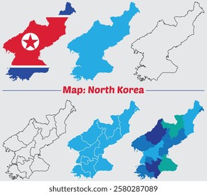 North Korea map on a white background with flag. borders marked, Simple map of North Korea vector drawing, Filled and outline.