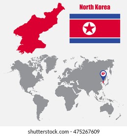 North Korea map on a world map with flag and map pointer. Vector illustration