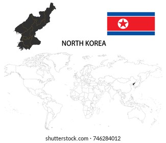 North Korea map on a world map with flag on white background.
