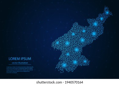 Mapa de Corea del Norte desde estrellas azules y brillantes en un fondo oscuro. Vector eps 10.