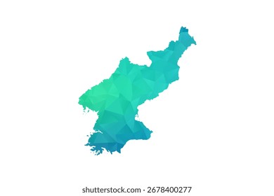 Mapa de Corea del Norte - Ilustración vectorial de estilo polígono en degradado verde y azul, diseño geométrico de bajo poli, aislado sobre fondo blanco, perfecto para infografías y uso de aprendizaje.