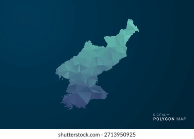 Mapa de Corea del Norte - Ilustración vectorial de estilo polígono con degradado azul azulado, diseño geométrico de bajo poli, inspirado en la Tecnología y digital, silueta limpia sobre fondo oscuro.