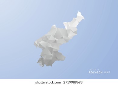 Mapa de Corea del Norte - Ilustración vectorial de estilo polígono en gris, blanco y azul, diseño geométrico de bajo poli, silueta mínima, adecuada para infografía y diseño moderno.