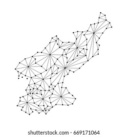 North Korea map of polygonal mosaic lines network, rays and dots vector illustration.