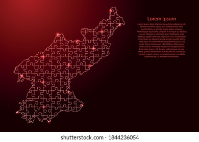 North Korea map from puzzles red line and glowing space stars parts mosaic grid. Vector illustration.