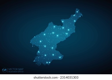 Nordkorea kartographiert radiale gepunktete Muster im futuristischen Stil, Design blauer Kreis leuchtend Umriss aus Sternen. Kommunikationskonzept auf dunkelblauem Hintergrund. Vektor EPS10