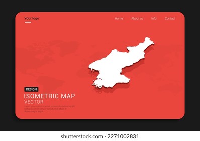 Mapa de Corea del Norte rojo aislado en un fondo oscuro con un mapa del mundo en 3d ilustración vectorial isométrica.