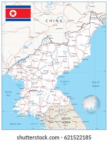 North Korea Map with roads and water objects. Vector illustration.