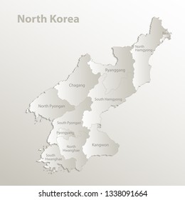 North Korea map separate region names individual card paper 3D natural vector