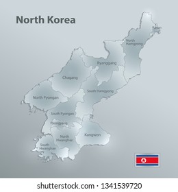 North Korea map separate region names individual glass card paper 3D vector