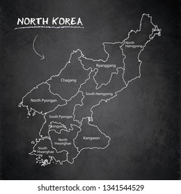 North Korea map separate region names individual card blackboard school chalkboard vector