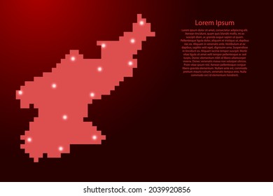 North Korea map silhouette from red square pixels and glowing stars. Vector illustration.