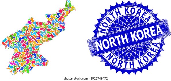 North Korea map template. Blot mosaic map and corroded seal for North Korea. Sharp rosette blue seal with text for North Korea map.