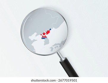 North Korea Map Under Magnifying Glass with National Flag Overlay. The image represents geographical focus, national identity, and exploration.