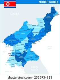 North Korea Map Vector Blue Spot - Customizable layered political map of North Korea with administrative divisions for website, education, reports, news, politics, print, poster and wallpaper