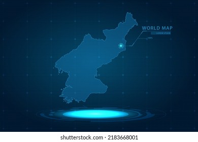 North Korea Map - World Map International vector template with Hologram in perspective style and HUD, GUI, UI interface isolated on blue background for design - Vector illustration eps 10