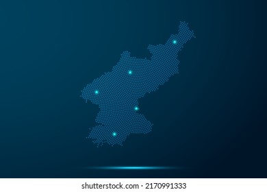 North Korea Map - World Map vector template with dots, grid, grunge, halftone style and light, network line, design sphere on blue technology background -  Vector illustration eps 10