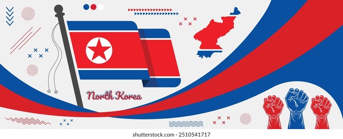 North Korea national day banner featuring the North Korean flag with a map, celebrating the nation's independence and its cultural heritage, ideal for patriotic displays and commemorations