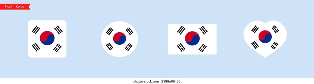 North Korea national flag. North Korea flag icons for UI design. Isolated flag symbols in the shape of a square, circle, heart. Vector icons