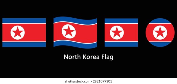 North Korea National Flag Set Collection with Rectangle, Waving, Square and Circle Shapes Isolated on Black Background Vector Illustration