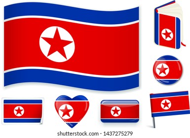 North Korea national flag in wave, book, circle, pin, button, heart and sticker shapes.