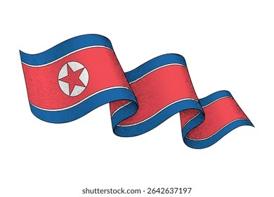 North Korea national flag waving ribbon shape with engraved vintage texture
